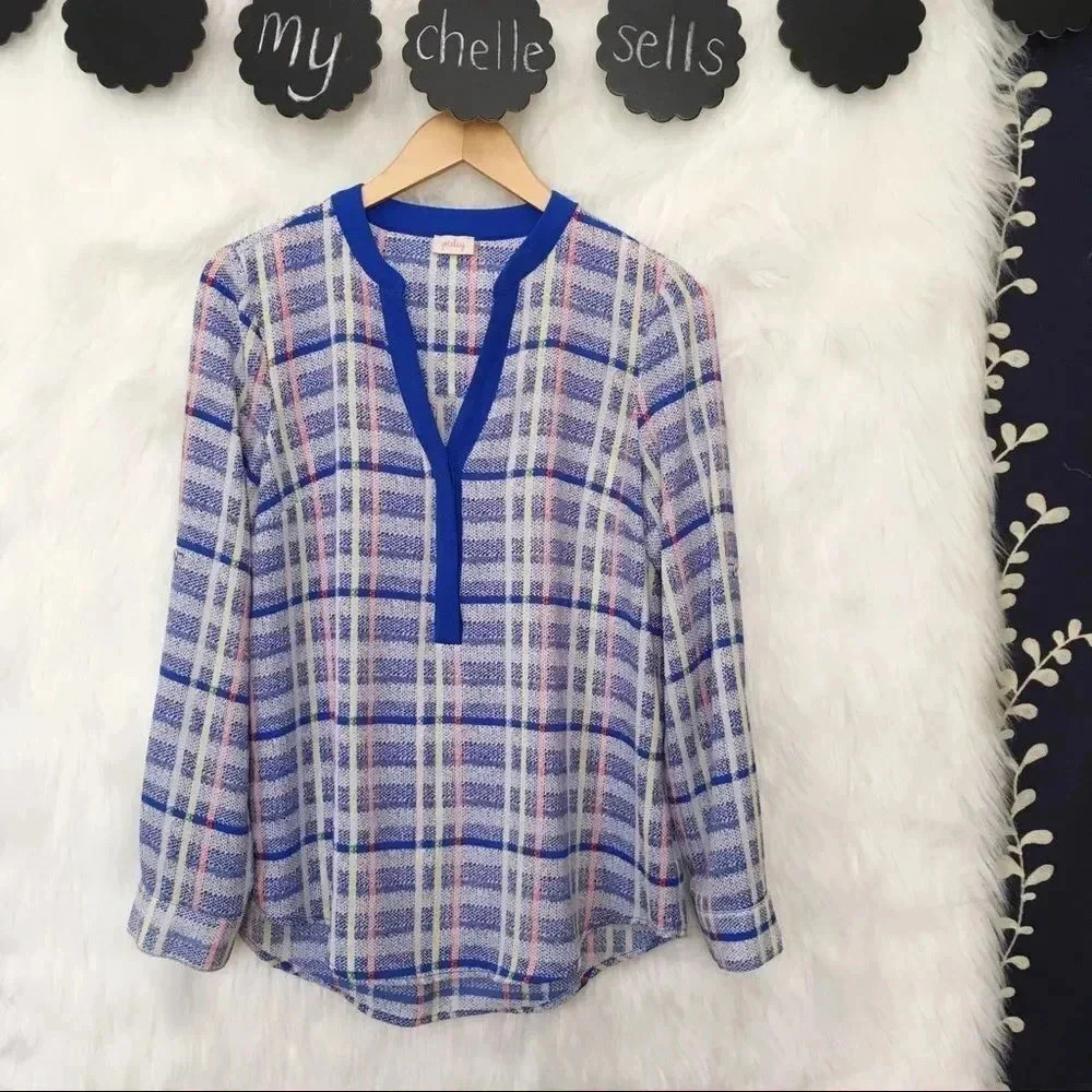 STITCH FIX‎ PIXLEY Blue Plaid Henley Blouse